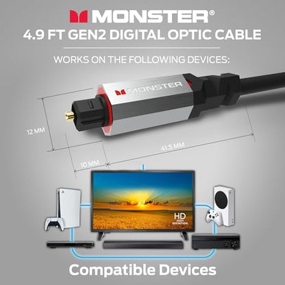 Monster Gen2 Essentials Digital Optical Audio Cable (Toslink, SPDIF), Fiber Optic Cable for TV, Soundbar & Home Theater System, Gold-Plated Connectors, 4.9ft