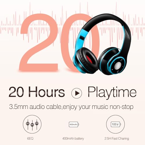 Bluetooth Headphones Over Ear, Wireless Headphones with 5 EQ Modes, 20 Hours Playtime Foldable HiFi Stereo Headset with Microphone, FM/TF for Cellphone/PC/Work/Travel/Kids/Adults/Gift (Blue) - color: Blue