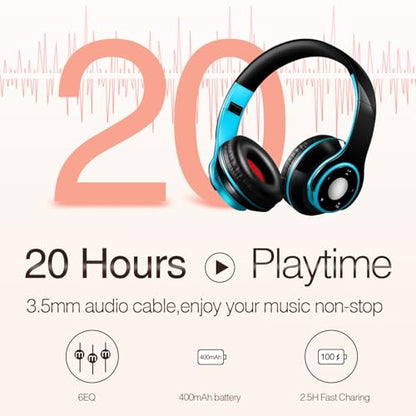Bluetooth Headphones Over Ear, Wireless Headphones with 5 EQ Modes, 20 Hours Playtime Foldable HiFi Stereo Headset with Microphone, FM/TF for Cellphone/PC/Work/Travel/Kids/Adults/Gift (Blue) - color: Blue