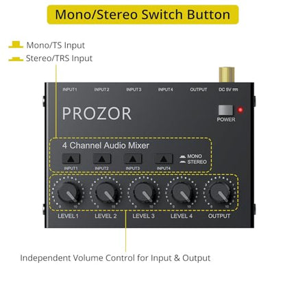 PROZOR Mini Audio Mixer 4 Channel Line Mixer - USB-C Powered Sub Mixer | with Volume Control & Stereo Mono Switch, Compact Low Noise Audio Mixer for Guitar, Bass, Keyboard, Recording, Streaming
