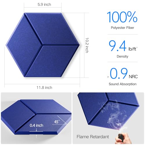 12 Pack Self-Adhesive Acoustic Panels 12" X 10" X 0.4" - Sound Proof Foam Panels with High Density, Y-Lined Design, Flame Resistant, Absorb Noise and Eliminate Echoes(Telecom Blue) - color: Telecom Blue, size: Y-Cut Hexagon 12 Pack
