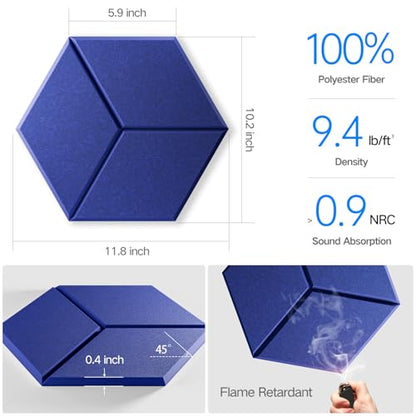 12 Pack Self-Adhesive Acoustic Panels 12" X 10" X 0.4" - Sound Proof Foam Panels with High Density, Y-Lined Design, Flame Resistant, Absorb Noise and Eliminate Echoes(Telecom Blue) - color: Telecom Blue, size: Y-Cut Hexagon 12 Pack