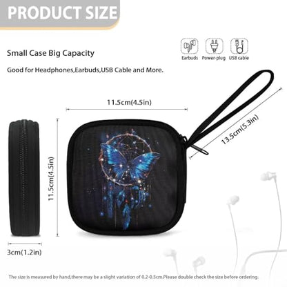 Butterfly Wind Chime Portable Earphone Case Zipper Pouch Universal Square Earbud Carrying Bag with Mesh Inner Pocket for Headset Earphone Flash Drive Charging Cable Key - color: Butterfly and Wind Chime