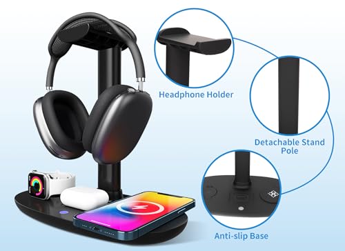 4 in 1 Headphone Stand with 15w Charger, Qi Charging Station Headset Holder, Detachable Design, Headphone Stand for Travel, Home, Hotel