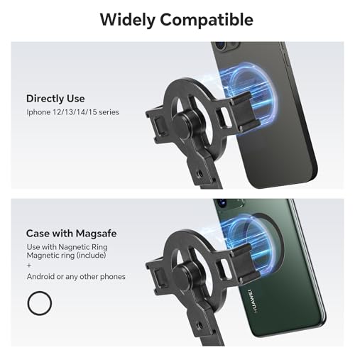 FANAUE Cell Phone Tripod Mount, Magnetic Aluminum Smartphone Stand Adapter with Cold Shoe Arca Swiss QR Base Plate,1/4" & 3/8'' Screw Phone Holder Mount for Video Live Streaming Vlogging