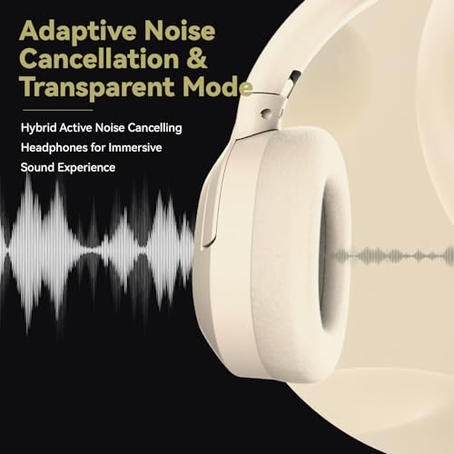 Hybrid Active Noise Cancelling Headphones, Wireless Over Ear Bluetooth Headphones with Mic, 40H Playtime, Hi-Res Audio, Deep Bass, Foldable Comfort Fit Ear Cups for Travel, Office, Home (White) - color: White