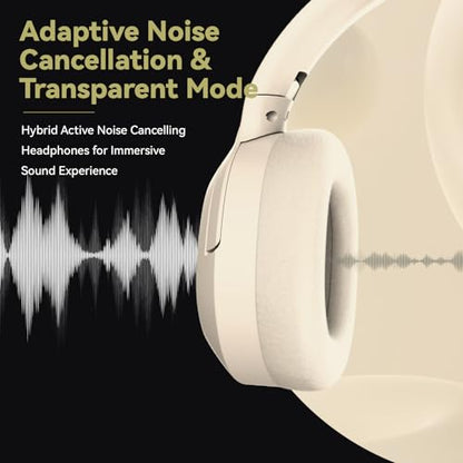 Hybrid Active Noise Cancelling Headphones, Wireless Over Ear Bluetooth Headphones with Mic, 40H Playtime, Hi-Res Audio, Deep Bass, Foldable Comfort Fit Ear Cups for Travel, Office, Home (White) - color: White