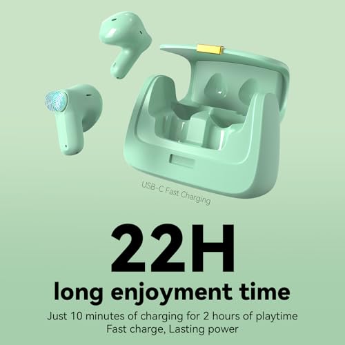 ANCwear Wireless Earbuds with Mini Handbag Case, 22H Playtime, Sage Green | Bluetooth 5.3, 13mm drivers, touch controls and DIY stickers for music, calls, travel, everyday wear and gifting - color: Green