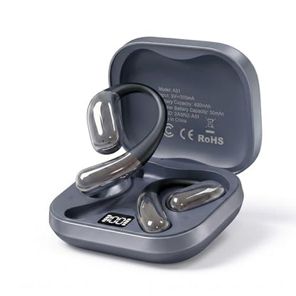Open Ear Headphones, Wireless Headphones with Smart Digital Display & Mic | (Gray) Open Ear Earbuds 35H Playtime, Sweat Resistant & Waterproof, Secure Comfortable Fit - Running, Sport, Driving, Daily - color: Gray