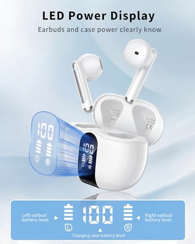 Wireless Earbuds, 2026 Bluetooth 5.4 Headphones Bass Stereo Ear Buds with Noise Cancelling Mic, LED Display in Ear Earphones 50H Playtime Ear Buds, IP7 Waterproof for Laptop Pad Phones Soft White - color: Soft White