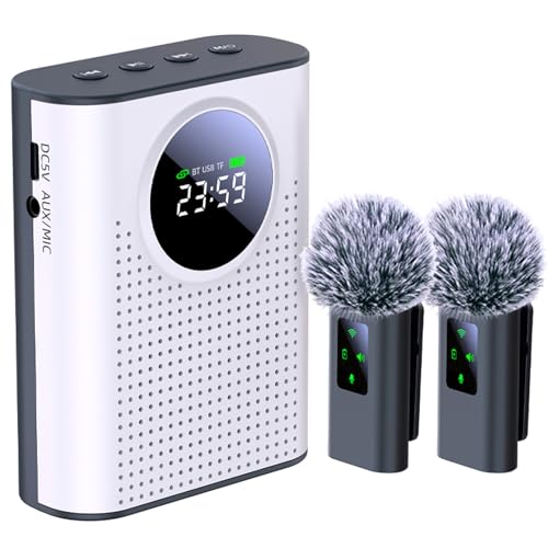 S67 Voice Amplifier Wireless Microphone Dual for Teachers Classroom Rechargeable, Mini Lavalier Lapel Mic, Portable Speaker PA System with LED Display for Class, Tour Guide, Coaches, White - color: White 2 Mics