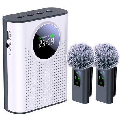 S67 Voice Amplifier Wireless Microphone Dual for Teachers Classroom Rechargeable, Mini Lavalier Lapel Mic, Portable Speaker PA System with LED Display for Class, Tour Guide, Coaches, White - color: White 2 Mics