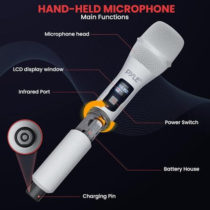 Pyle UHF Wireless Microphone System with Dual Handheld Mics, USB Rechargeable, Bluetooth Fixed Frequency Receiver, Low Noise DSP Audio, Plug & Play for Karaoke, Stage, Classroom, Office & DJ Use