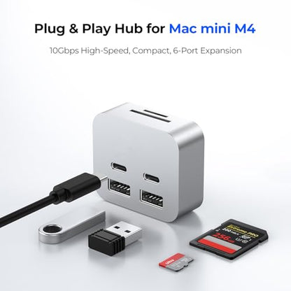 MiniPack Expansion Dock for Mac mini M4 | 6-Port USB-C Hub with Dual 10Gbps Adapters, 2 * 10G USB-C/ 2 * 10G USB-A/SD TF 3.0 Card Reader | High-Speed Data Transfer & Multi-Device Connectivity - color: Light gray