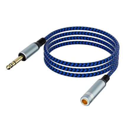 10ft 1/4 Inch TRS Extension Cable, 6.35mm Male to Female Stereo Audio Cord, Heavy Duty Nylon Braided Headphone Adapter for Guitar, Amp, Studio Monitor, Mixer & Home Theater - Blue/Black - size: 10ft