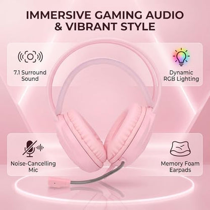 LICAEVEY Wired USB Gaming Headset for PC Switch Mobile Devices, 3.5mm RGB Headphones with 50mm Driver Unit 7.1 Surround Sound Noise Cancelling Microphone (Pink) - color: Pink