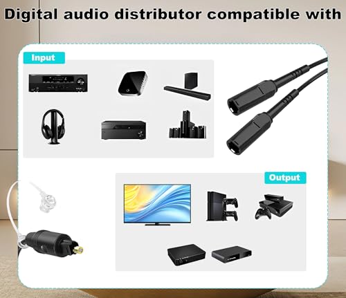Digital Audio Cable, 1 Male Input and 2 Female outputs, 1 Foot, Digital Optical Audio Cable, Suitable for Home theaters and televisions. Toslink Digital Fiber Optical Audio Splitter.