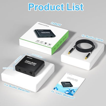3.5mm Audio Switch, Aux Stereo Headphone Switcher Box, Bi-Directional 1 in 2 Out Splitter/2 in 1 Out Mixer, with Manual Selector and Y Button(Dual Input/Output), for Speaker/Laptop/Phone