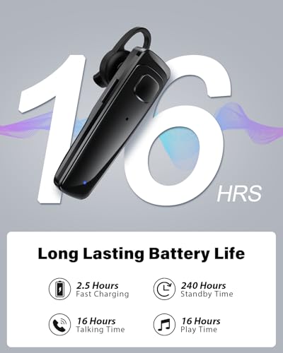 Bluetooth Headset, Single Ear Business Earbuds, V5.3 Hands-Free Earphones with Hook, 16 Hrs Talk Time Wireless Earbuds, Bluetooth Earpiece with Built-in Mic for Driving/Business/Office/Truck Driver - color: Black