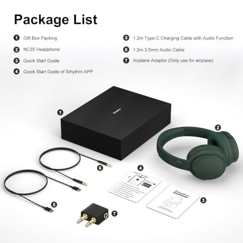 Srhythm NiceComfort 35(2nd Gen)Noise Cancelling Headphones 4-Speakers 40kHz | HD Sound,140 Hours' Ultra-long Playtime for Travel, Bluetooth 6.0, 5 Microphones ENC,Transparency,Spatial Audio,Low Latency - color: Forest Green