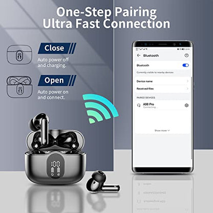 Wireless Earbuds, Bluetooth 5.4 Headphones Bass Stereo, Ear Buds with Noise Cancelling Mic LED Display, IP7 Waterproof in Ear Earphones, 36H Playtime for Laptop Pad Phones Sports Workout, Black | Ear Buds with Noise Cancelling Mic LED Display, 36H, IP7 Wa