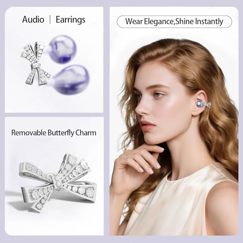 2026 Open Ear Clip On Earbuds with Detachable Butterfly Earrings, Bluetooth 6.0 Wireless Headphones for Women, 50H Playtime, Lightweight & Pain-Free Fit for Small Ears, IPX6 Great Gift Purple - color: Purple
