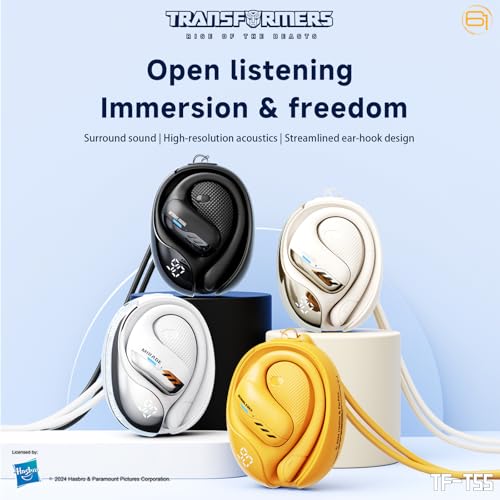 Transformers TF-T55 Open-Back Bluetooth Wireless Earbuds, Sleek Wing-Like Design Passive Noise Cancelling in-Ear Cool HiFi Calling Dual Modes Sports Earphones LED Display (Yellow - Bumblebee) - color: Bumblebee Yellow