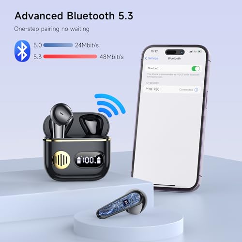 CoolJumper Wireless Earbuds, 48 Playtime Headphones with Micphone, LED Display in Ear Earphones Clear Calls IPX7 Waterproof Running Earpiece Midnight Black