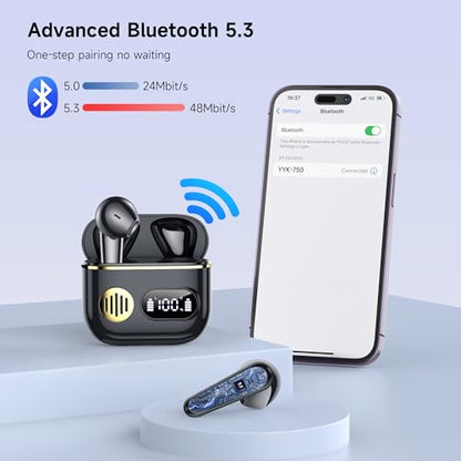 CoolJumper Wireless Earbuds, 48 Playtime Headphones with Micphone, LED Display in Ear Earphones Clear Calls IPX7 Waterproof Running Earpiece Midnight Black