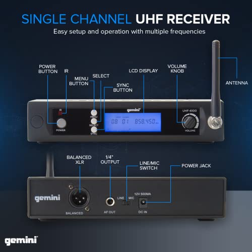 Gemini UHF Handheld Microphone System, 256 Channels, 240ft (UHF-6100M-R2) | UHF handheld mic, 256 channels, 512-537 MHz - 240 ft range - LCD, auto SYNC - XLR & 1/4" outputs - style: Single Mic