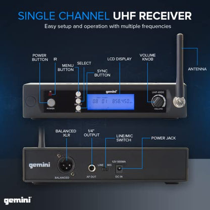 Gemini UHF Handheld Microphone System, 256 Channels, 240ft (UHF-6100M-R2) | UHF handheld mic, 256 channels, 512-537 MHz - 240 ft range - LCD, auto SYNC - XLR & 1/4" outputs - style: Single Mic