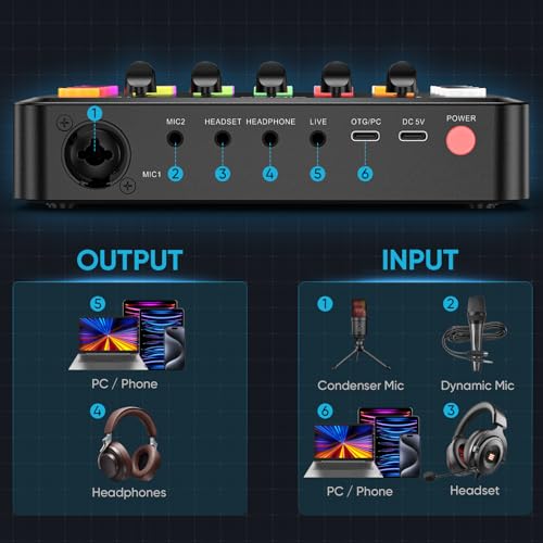 Wegrower W-11BK Rechargeable Audio Mixer with Tripod | 48V Phantom Power, Dual Mic Inputs, RGB Lighting, 1-Click Noise Cancel, Voice Changer