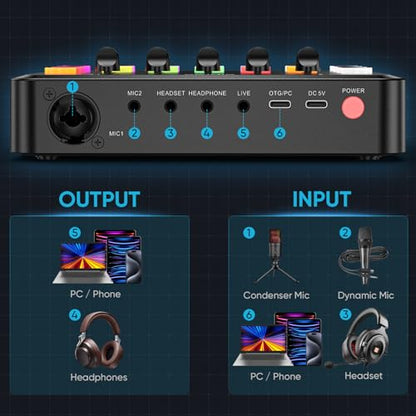 Wegrower W-11BK Rechargeable Audio Mixer with Tripod | 48V Phantom Power, Dual Mic Inputs, RGB Lighting, 1-Click Noise Cancel, Voice Changer