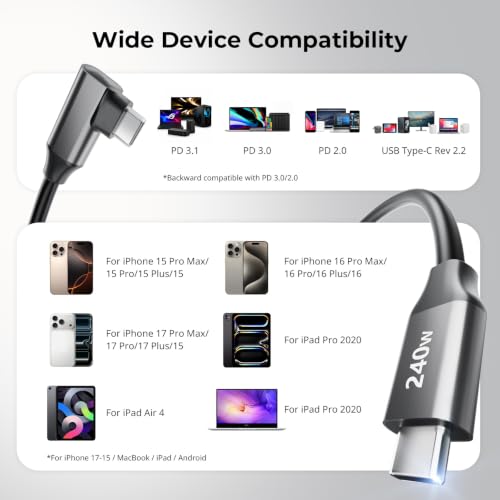 SmallRig USB C to USB C Coiled Data Cable (Straight to Angled), 240W PD 3.1 Fast Charging Cable, USB 2.0 Data Transfer, TPU Coiled Design, Aluminum Alloy Shell for iPhone, Laptops, Tablets & More-5730 - size: 240W / 1.15FT-4.92FT, style: Straight to Angle