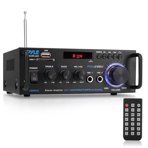 Pyle 200W Stereo Power Amplifier with Bluetooth - Dual Channel Audio Receiver - LED Display - RCA - USB - SD - MIC IN - FM Radio - AUX Input - Perfect for Home & Computer Audio - PDA29BU.5