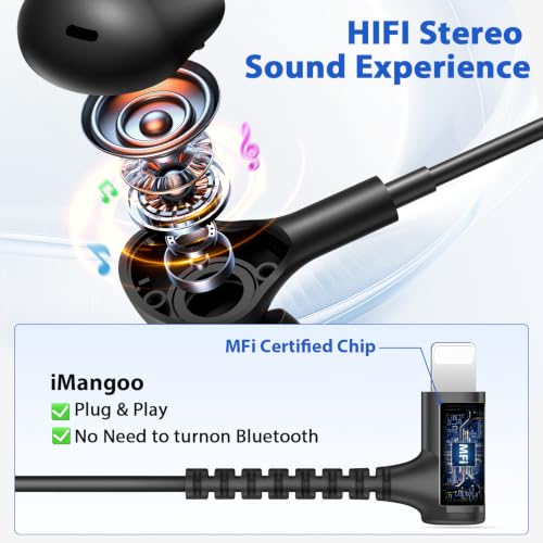 iMangoo for Apple MFi-Certified Lightning Wired Earbuds Headphones with Mic