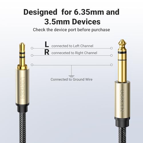 UGREEN 3.5mm to 1/4 Cable 1/8 TRS to 6.35mm Audio Male Guitar Cord 16FT | 1/4 to Aux Stereo Cable with Zinc Alloy Housing, Braid, for Guitar, Laptop, PC, Home Theater Devices, Speaker, Amplifiers - size: 16FT