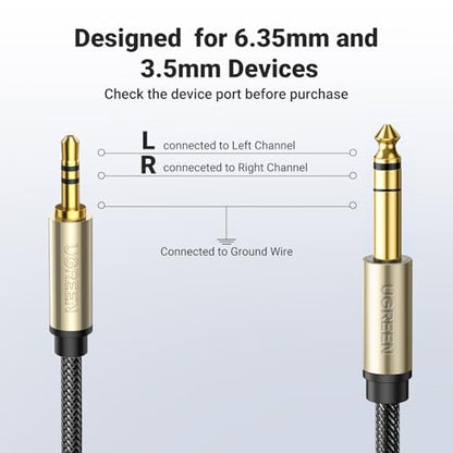UGREEN 3.5mm to 1/4 Cable 1/8 TRS to 6.35mm Audio Male Guitar Cord 16FT | 1/4 to Aux Stereo Cable with Zinc Alloy Housing, Braid, for Guitar, Laptop, PC, Home Theater Devices, Speaker, Amplifiers - size: 16FT