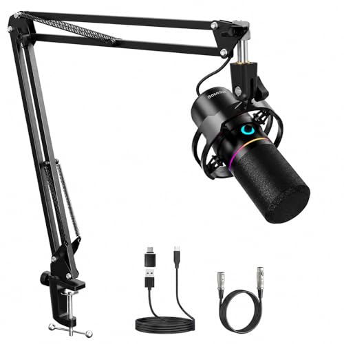 XLR/USB Gaming Microphone with Boom Arm for Streaming | Dynamic Microphone with One-Touch Mute, Gain Control, Headphone Jack, RGB Lighting for Podcast, Recording Vocal