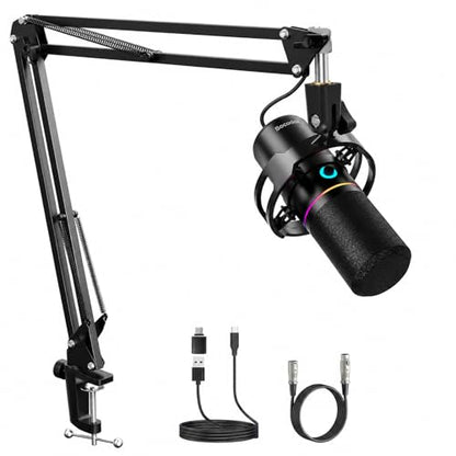XLR/USB Gaming Microphone with Boom Arm for Streaming | Dynamic Microphone with One-Touch Mute, Gain Control, Headphone Jack, RGB Lighting for Podcast, Recording Vocal