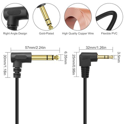 MEIRIYFA 3.5mm to 6.35mm Stereo Audio Cable, 3.5mm 1/8 inch Male TRS to 6.35mm 1/4 inch Male TRS Right Angle Audio Cable Cord for Guitar Laptop Home Theater Smartphone Amplifier (2PCS, 1.8M)
