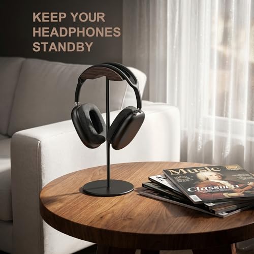 Headphone Stand, Walnut Wood & Aluminum Headset Stand, Nature Walnut Gaming Headset Holder with Solid Heavy Base for All Headphone Sizes (Black) - color: Black