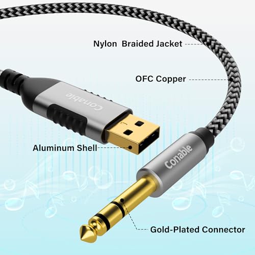 USB to 6.35mm TRS Stereo Audio Cable 25 FT, USB-A to 1/4" Audio Adapter Aux Jack Stereo Cord, Gold-Plated Connector, Nylon Braided Jacket, DAC Chip, for Laptop, Amplifier, Mixer, Home Theater, Speaker - size: 25FT