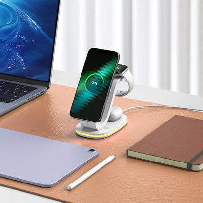 2026 New Fast 15W 3 in 1 Charging Station for iPhone Compatible Magnetic | Wireless Charger Station for iPhone 17 16 15 14 13 12, AirPods and iWatch Series, 35W Charger Included - color: White 3 in 1