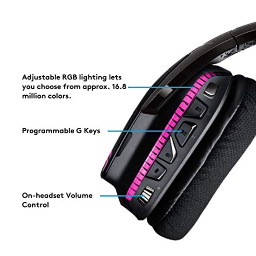 Logitech G933 Artemis Spectrum – Wireless RGB 7.1 Dolby and DTS Headphone Surround Sound Gaming Headset – PC, PS4, Xbox One, Switch, and Mobile Compatible – Advanced Audio Drivers – Black