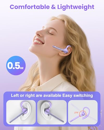New Bee Bluetooth Headset V5.1 72H Talk Dual Mic with Mute Button for Business, Wireless Hand-Free Bluetooth Earpiece with 500mAh Charging Case for Cell Phone Calls Trucker Driver - color: Purple, style: M54
