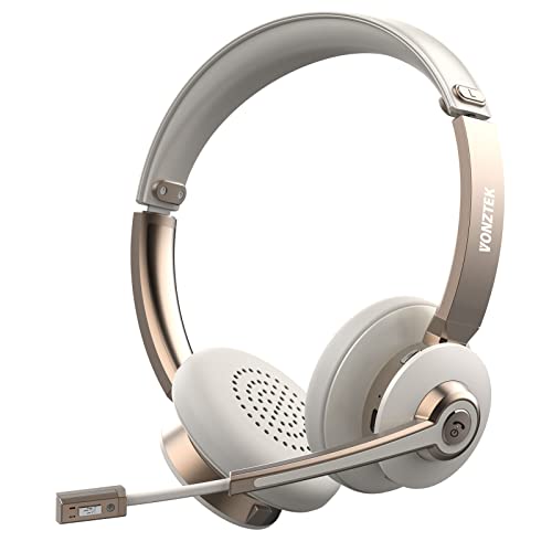 Bluetooth Headset with Microphone, Wireless Headphones with Noise Cancelling Mic, 26hrs talktime, On Ear Headphones with Mic Mute for Mac/Laptop/Zoom/Teams/Call Center/Office/Home Gold