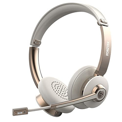Bluetooth Headset with Microphone, Wireless Headphones with Noise Cancelling Mic, 26hrs talktime, On Ear Headphones with Mic Mute for Mac/Laptop/Zoom/Teams/Call Center/Office/Home Gold