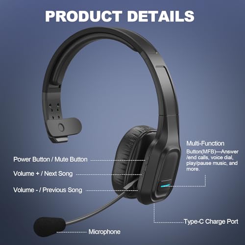Bluetooth Headset for Truck Drivers, Single Ear Wireless Headset with Mic and USB Dongle, AI Noise Canceling Microphone, Mute Button, 45H Talk Time for Office Calls, Call Center, Phone and PC