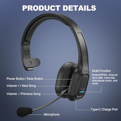 Bluetooth Headset for Truck Drivers, Single Ear Wireless Headset with Mic and USB Dongle, AI Noise Canceling Microphone, Mute Button, 45H Talk Time for Office Calls, Call Center, Phone and PC